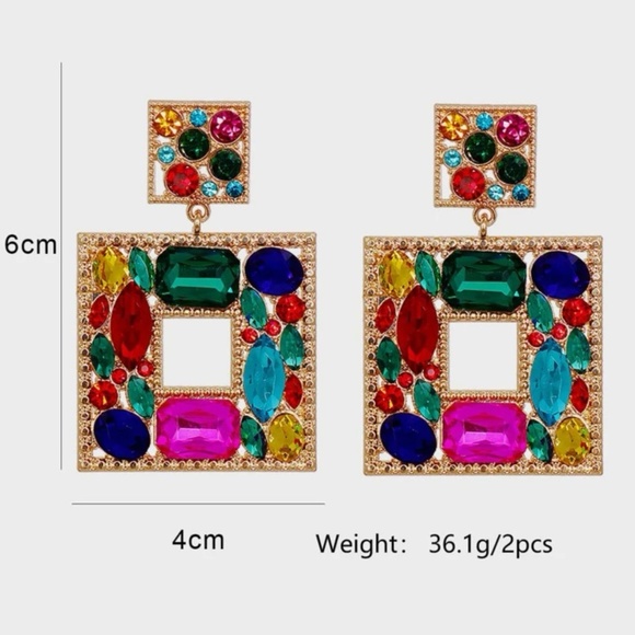 Multicolor Color Rhinestone Square Drop Earrings - Picture 2 of 2